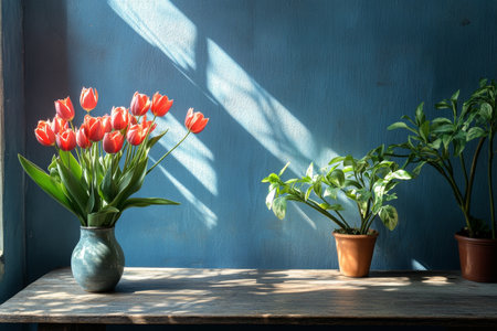 Vibrant red tulips in a vase on rustic table with blue wallsの写真素材