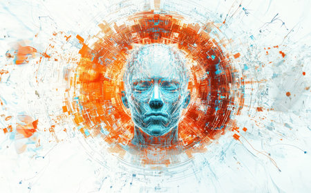 Dynamic digital art depicting an ai brain surrounded by binary code and circuit patterns