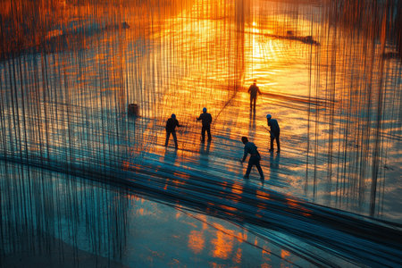 Sunset view of construction workers and rebar structure with reflections on wet concrete floor