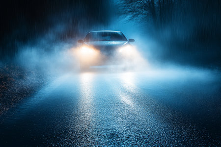 Eerie foggy night drive car headlights illuminated wet asphalt in a mysterious atmosphereの写真素材