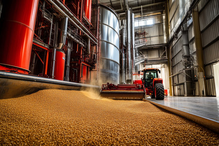 Industrial tractor loads grain into stainless steel bin in brightly lit indoor silo setting