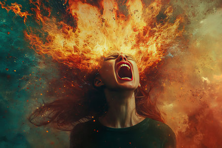 Woman with fiery hair screams amidst explosive energy in surreal digital art background