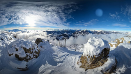 Stunning panoramic view of kitzb hel mountain s snowy peaks and bright blue sky above cloudsの写真素材