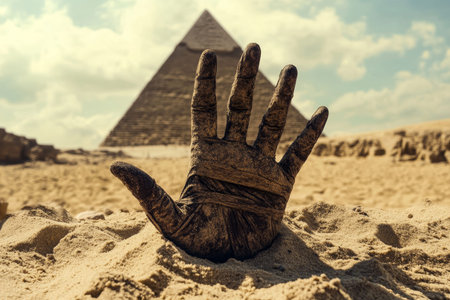 Mummy hand rising from sand in front of pyramid, evoking horror in ancient egypt s desert