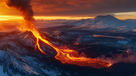 Spectacular aerial view of volcanic eruption in iceland beneath an orange sky at duskの写真素材
