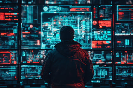 Futuristic cyberpunk hacker engaged in digital duel amidst complex data screens and symbolsの写真素材