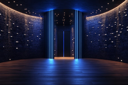 3d rendering of a contemporary black room featuring dark brick walls and neon lighting effectsの写真素材