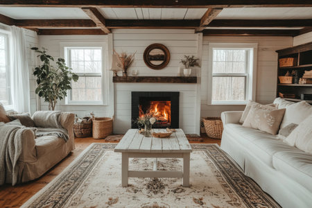 Cozy white shiplap living room with rustic beams, fireplace, vintage coffee table, and boho decor