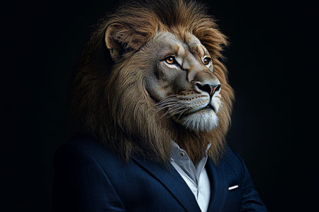 A lion in a navy blue classic suit posed dramatically against a black background in a studio.