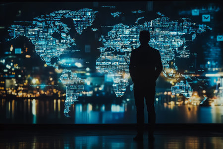 Silhouette of a person against a world map with flowing digital data in stunning realism