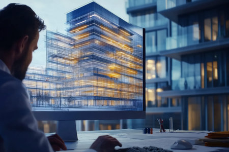 Architect collaborates with digital tools to design modern office building in urban center