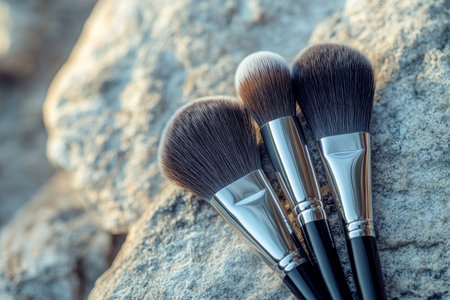 Minimalistic close up of a makeup brush set on a stone background in soft light tonesの写真素材