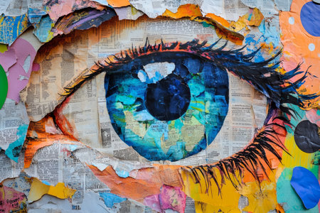 Vibrant abstract collage featuring an eye design with colorful newspaper clippings and polka dots
