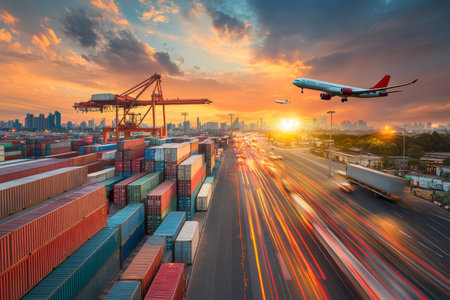 Vibrant industrial port with stacked containers and cargo plane above modern cityscape at sunset