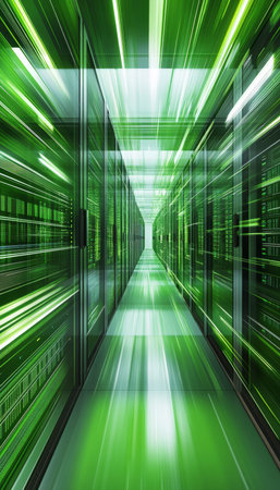 Photorealistic abstract blur of a green glass corridor in a data center with dynamic motion effects
