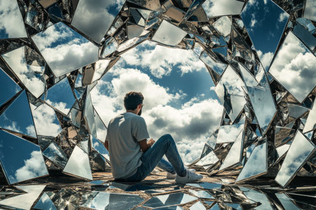 A man amidst shattered mirrors reflects a surreal sky in a striking abstract mosaic artwork