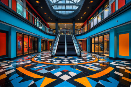 Stunning interior design of a shopping mall showcasing blue and black themes with geometric patternsの写真素材