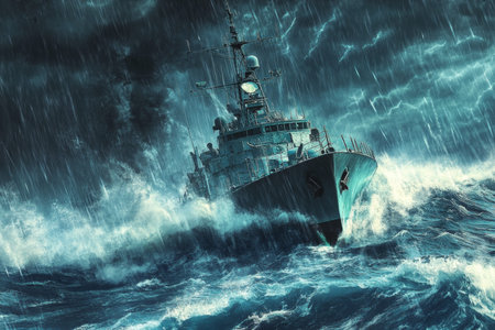 Airbrushed illustration of a navy ship navigating a stormy sea with dark nighttime atmosphere