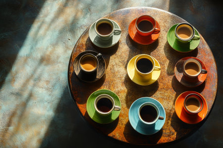 Top view of sunlit coffee cups and saucers arranged on a round table for a cozy atmosphereの写真素材