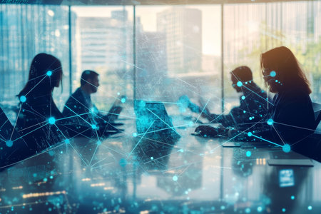 Business professionals collaborate with holographic data network in conference room meeting