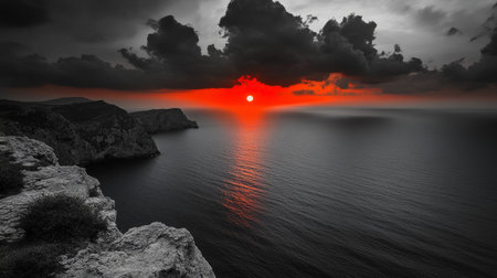 Dramatic black and white coastal photography with red sunset and dark clouds from mountain summit