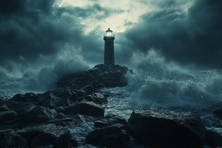 Dramatic lighthouse on rocky shore in stormy sea with crashing waves and dark moody skyの写真素材