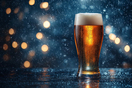 A glass of beer on a table with dark blue bokeh background and rainy window drops fallingの写真素材