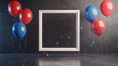 Elegant 3d white square frame mockup surrounded by colorful balloons and glittering particlesの写真素材
