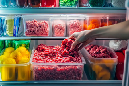 Close up of a hand taking raw ground beef from a colorful refrigerator filled with food itemsの写真素材