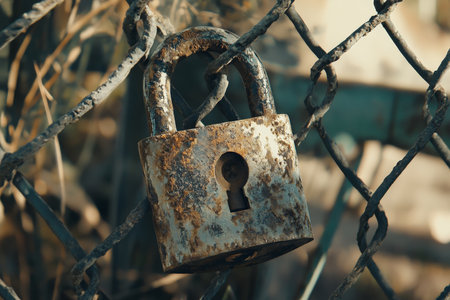 Close up of a rusty padlock on a chain fence symbolizing freedom with vintage filtered backgroundの写真素材
