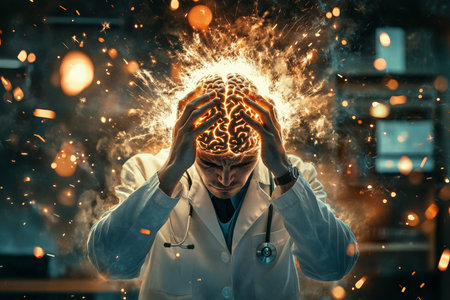 A frantic doctor in a white coat amidst explosions and chaos in an office environment