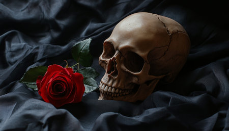 Gothic elegance a striking composition of a skull and red rose on dark fabric backgroundの写真素材