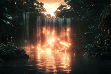Enchanting jungle waterfall at sunset with radiant light and reflective waters in fantasy landscapeの写真素材