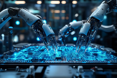 3d rendering of robotic arms with blue lighting working on electronics in a futuristic industry
