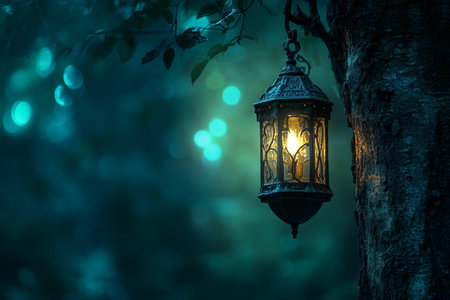 Enchanting nighttime forest scene with lantern, glowing light effect, and space for textの写真素材