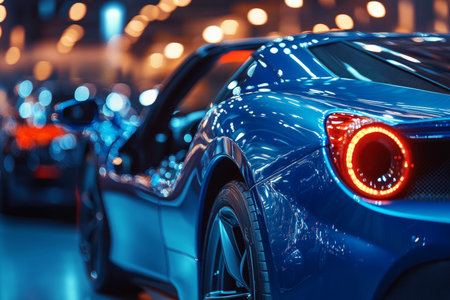 Blue sports car displayed with open engine at indoor exhibition hall, showing power and vitality