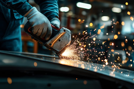 Close-up of Metal Worker Cutting Steel with Angle Grinder, Showering Sparks in Workshop