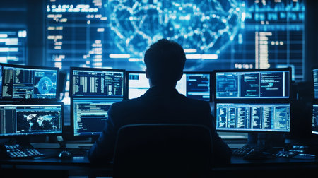 A focused trader analyzing code on multiple screens in a dark, blue lit trading room
