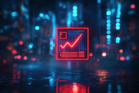 Digital background with document, chart, target, and check mark icons over blurred night cityscapeの写真素材
