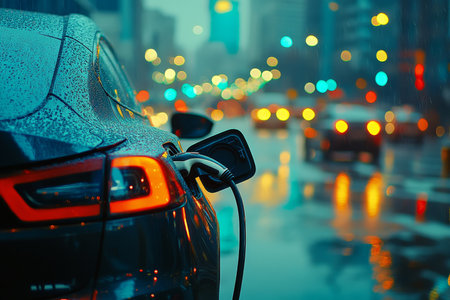 Morning scene of an electric car charging amidst city traffic with mist and raindrops on windowsの写真素材