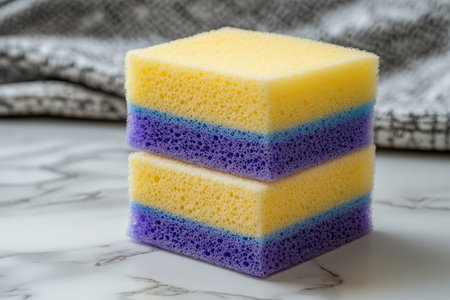 Vibrant cleaning sponges in yellow, blue, and purple on marble with kitchen towel closeup viewの写真素材