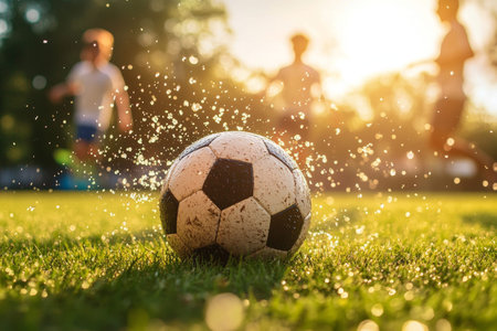 Illuminated soccer ball on grass with blurred players capturing youth sports in summer vibes