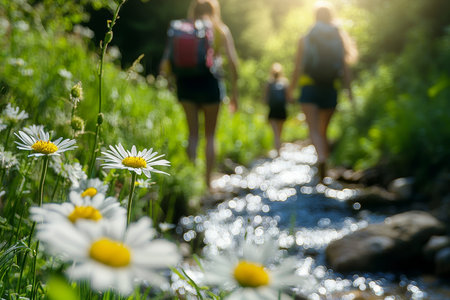Summer family hiking adventure in a forest with a stream and wildflowers under the sun