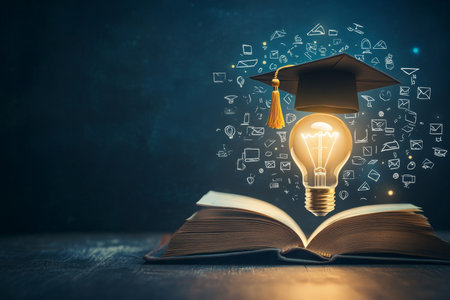 Light bulb with graduation cap on an open book, symbolizing online training and distance learning.の写真素材