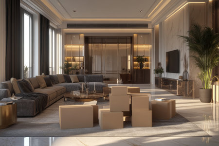 Stylish new apartment interior filled with moving boxes and furniture for relocation concept