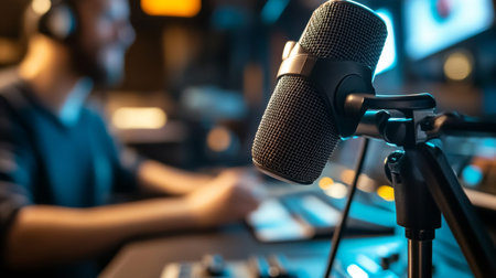 Close up of microphone in radio studio with blurred male host ideal for promotional materials