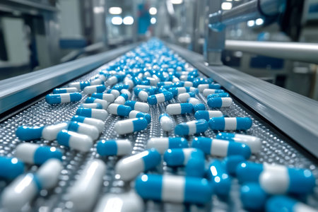 Close up of blue and white pills on a conveyor belt in a pharmaceutical production line