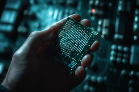 Businessman holding computer chip with binary code in digital data background, ai technology