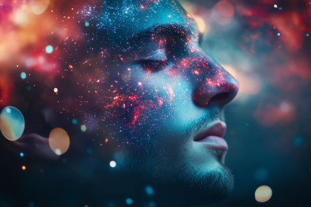 A man s face reflected in a majestic galaxy a double exposure with colorful light effects