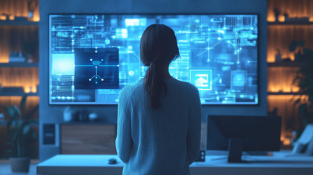 Woman standing before smart home features with touch screens and wireless network in office space